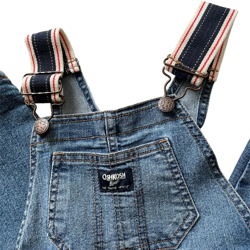 Oshkosh Bgosh Blue Denim Vestbak Red Blue Stripe Strap Train Overalls 4T